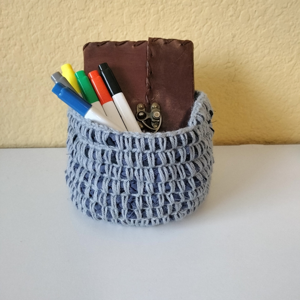 Small crochet basket, rag rug basket, bathroom organization, handmade, upcycled